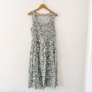 Nanette Lepore Smocked Midi Dress | Green & White Laurel Wreath Print XL